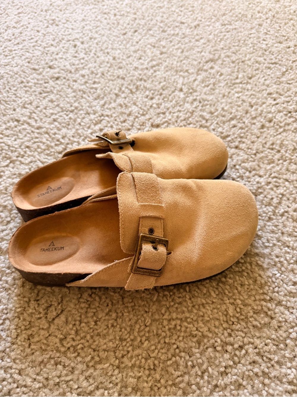 TahEekum Suede Buckle Clog in Tan